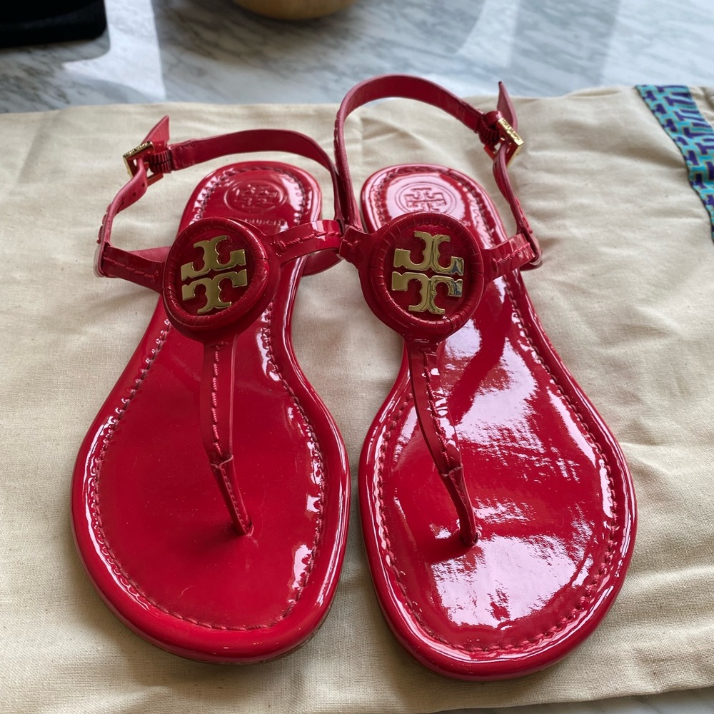 TORY BURCH, patent cherry red flat sandals, worn once